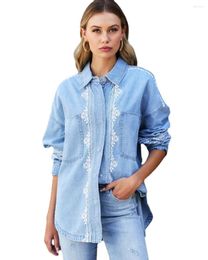 Women's Blouses Fashion Jean Womam Short Long Sleeve Blouse Female Top Lace Casual Denim Tops Mujer