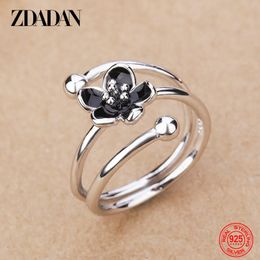 ZDADAN 925 Sterling Silver Black Flower Adjustable Rings For Women Fashion Charm Gift Wedding Jewellery