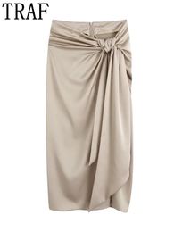 Skirts TRAF Knotted Long Skirt Women High Waist With Slit Ruched Elegant Woman Fashion Vintage Midi Split 230718