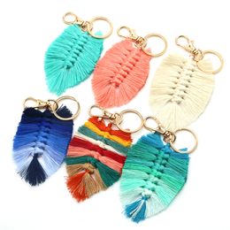 Boho Style Leaves Shape Keychains Hand-Woven Tassels Cotton String Fringed Key Chain Bags Pendant Keyring Jewellery Gifts