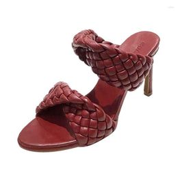 Dress Shoes 2023 Summer PU Leather Braided Thin High Heel Sandals Slides Women Party Cross Wove Folds Mules Sexy Slippers 35-42