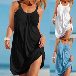 Basic Casual Dresses Summer for Women 2023 Beach Style Loose Plus Size Dress Ladies Solid Sundress Sexy Strap O Neck Tank Robe 230718