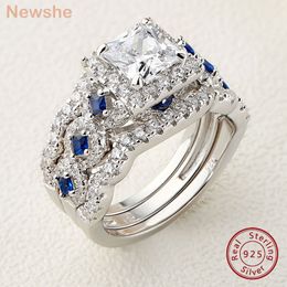 Wedding Rings she 3 Pcs Wedding Rings Set for Women 925 Silver 2.6Ct Princess Cut White Blue AAAAA CZ Luxury Bridal Engagement Ring 230718