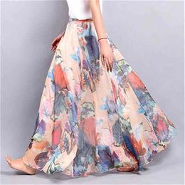 Elegant Summer Bohemian Maxi Skirt Long Skirt Chiffon Saia Beach High Waist Tutu Casual Vestidos Harajuku Print Clothes 210623258i