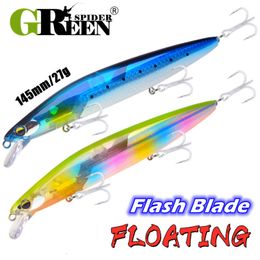 Baits Lures GREENSPIDER Fishing Floatng Minnow 145mm 27g Flash Lures Flash Blade Sea Bass Lure Bait Floating Wobblers Crankbait 230718