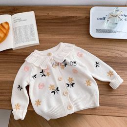 Pullover Girls' floral embroidered sweater baby girl ruffles collar knitwear Kids soft loose knitted cardigan HKD230719