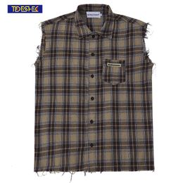 Men's Tank Tops 2023 Korean Style Men Beach Vest Vintage Loose Oversize Top Summer Fashion Casual Plaid Print Sleeveless T Shirt 230719