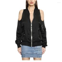 Women's Jackets Off Fashion Shoulder Stand Collar Long Sleeve Bomber Jacket Women Pink Black Loose Fit Zip Casual Thin Section Autumn