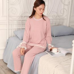 Women's Sleepwear Autumn And Winter Pajamas Female Thread Pure Cotton Princess Suit Sweet Simple Bow Ribbon Outer Sleeve Can Be Worn