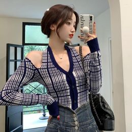 Women's Knits Sexy Halterneck Tight Plaid Knitted Cardigans Women Hollow Off Shoulder Long Sleeve Crop Tops Single Breasted Slim Girls