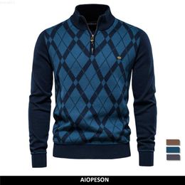 Men's Sweaters AIOPESON Argyle Men Sweaters Cotton Mock Neck Zipper Patchwork Pullover Men Winter High Quality Fashion Warm Sweaters for Men L230719