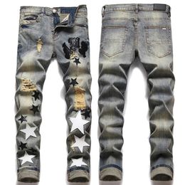 Size 38 Men's Vintage Rip Jeans Patch Skinny Fit Appliqued Paint Splattered Art Distressed Jeans258a