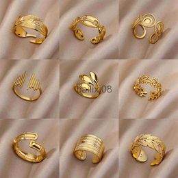 Band Rings Stainless Steel Rings For Women Men Gold Colour Open Gothic Geometric Leaf Ring Female Male Fashion Jewellery Gift Free Shipping J230719