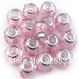 Mix Colour Charms 14mm Glass 925 Stering Silver Plated Core Pink Silk Ribbon Big Hole Loose Beads fit European Jewellery Braclet Char274p