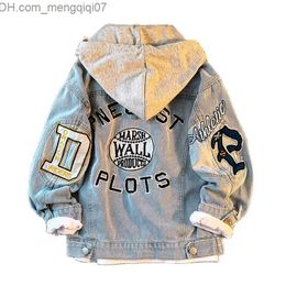 Coat Korean Children Boys Denim Jackets Cotton Teenage Hooded Jeans Jackets Letter Print Spring Boys Clothes 4 6 8 12 16 years old Z230720