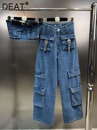 Women's Two Piece Pants DEAT Fashion Belt Design Slim Short Strapless High Waist Splice Pocket Loose Cargo Jeans Trend 2023 Spring 11XX0841 230718