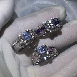 Cluster Rings 3 Colors Birthstones Engagement Wedding Band For Women Zircon Cz White Gold Filled Female Bridal Sets Ring Jewelry