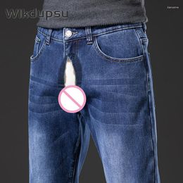 Men's Jeans Winter Men Sexy Invisible Double Zippers Open Crotch Outdoor Sex Clothes Thick Fleece Straight Denim Pants Plus Size