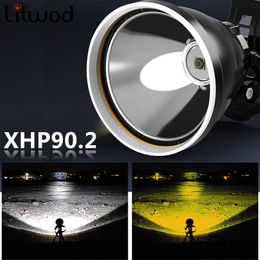 Headlamps Xhp90.2 White Yellow Colour d Headlamp Headlight Head Lamp Flashlight Torch 32W Bulbs 3* 18650 Battery Power Bank 7800mah Light HKD230719