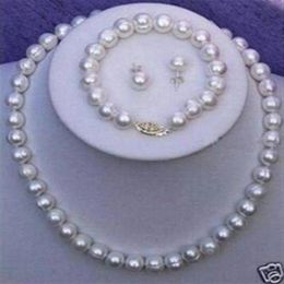 New Fine Genuine Pearl Jewelry Set 9-10mm Real White Pearl Necklace 18inch Bracelet 7 5inch Earring Set3256