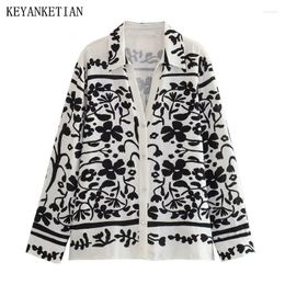 Women's Blouses KEYANKETIAN Floral Print Linen Texture Long Sleeve Women Shirt Autumn Vintage Black White Colour Single Breasted Loose Top