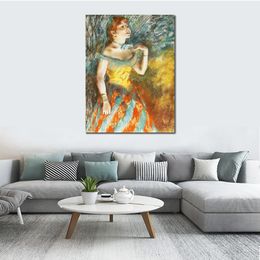 Ballerina Canvas Art Singer in Green Edgar Degas Painting Hand Oil Painted Home Office Wall Decor Modern