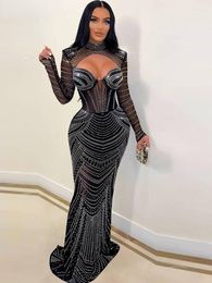 Casual Dresses Beautiful Corset Crystal Long Maxi Dress Sparkle Cut-Out Black Rhinestone Party Birthday Outfits Year Gowns