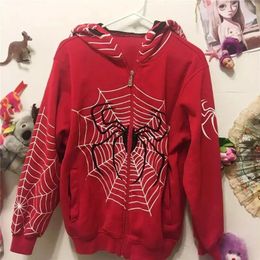 Unisex Street Hoodie Spider Web Red Zipper Hoodie Grunge Plus Size Sweatshirt Jacket