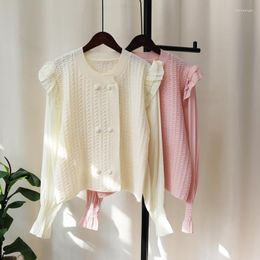 Women's Sweaters Ruffles Patcwork Fashion Women Cardigans Full Sleeves Buttons White/ Pink Knitting Sweater Jumpers