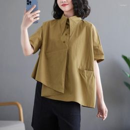 Women's Blouses Asymmetrical Solid Women Shirts Summer Design 2023 Turn-Down Collar Short-Sleeved Loose Casual Female Outwear Tops