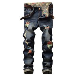 Mens Jeans European and American Street Personality Brushed Jeans Mens Ripped Straight Jeans Casual Fashion Style337d