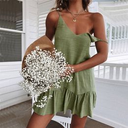 Basic Casual Dresses Sexy Spaghetti Strap Ruffle Dres Summer Dress Cotton Linen Vestidos Green Off Shoulder Mini Sundress 230718