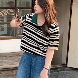 Women's T Shirts Fat Girl Big Size Striped POLO T-shirt Summer Loose Casual Knitted Vintage Short Sleeve Pullover Tops