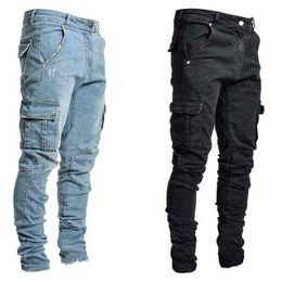 Men Skinny Pockets Denim Cargo Combat Pants Jeans Slim Fit Trouser Bottoms 2021 Fashion Mens Outwear Jeans G0104241v