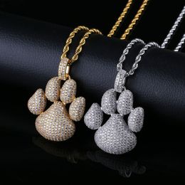 Micro Paved Cubic Zirconia Bling Iced Out Puppy Little Dog Paw Pendants Necklace for Men Boys Hip Hop Rapper Jewellery Gold272v