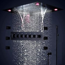 24 Inches Bathroom Black Shower Set Large SUS304 6 Functions Shower Head Systerm Thermostatic Mixer Waterfall Jets Led Ceiling Lig228j