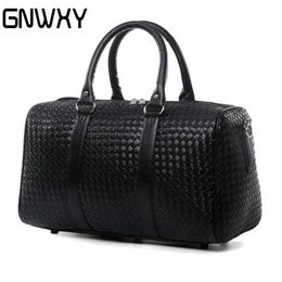 Duffel Bags Fashion Black Woven Travel Bag Large Capacity Casual Business Weekend Overnight Bags PU Leather Luggage Bag Drip 230719