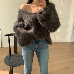 Women's Sweaters Women Autumn Gentle Hairy Cashmere Knitted Girls Soft Warm Pullovers Korean Fashion Loose Lazy Wind V-Neck Sweater Tops