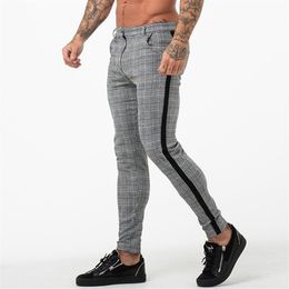 Mens Jogger Pants Grey Plaid Chinos Skinny Pants for Men Side Stripe Stretchy Fitting Athletic Body Building2460