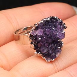 1pc Natural Raw Amethysts Druzy Ring Adjustable Quartz Stone Boho Amethysts Rings for Women Gift Fashion Female Jewellery Reiki