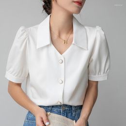 Women's Blouses Summer 2023 Women Short Sleeve Satin Blouse Elegant Loose Puff Ol Style Shirt Office Lady Fashion V-Neck Button Tops