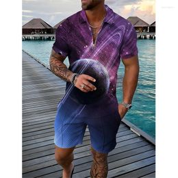 Men's Tracksuits Men Tracksuit Starry Sky 3D Print Short Sleeve Zipper Polo Shirt Shorts Sets 2 Pieces Oversized Streetwear Male Sport Set