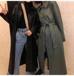 Women's Leather Spring Autumn Long Black Green Pu Trench Coat For Women Sashes Loose Casual Waterproof Raincoat Korean Fashion