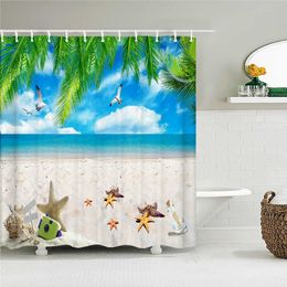 Shower Tropical Sea Beach Shower Curtain 3D Print Scenery Green Plant Landscape Waterproof Polyester Bathroom Bath Curtain Home Decor