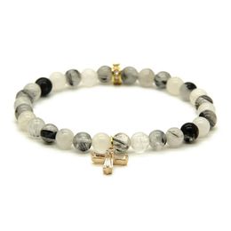 Whole Summer Womens Jewelry 6mm Black Rutilated Quartz Stone beads with Clear Zircons Loyal Cross Cz Bracelets235l