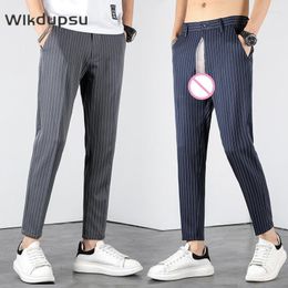 Men's Pants Korean Striped Suit Men Casual Formal Sexy Invisible Double Zippers Open Crotch Outdoor Sex Clothes Straight Male Trousers
