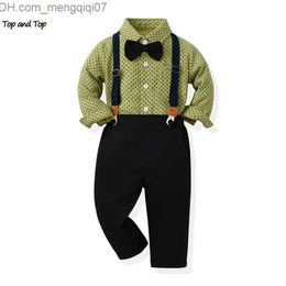 Clothing Sets Top and Top Autumn Little Boys Gentlemen's Clothing Set Long Sleeve Bow Shirt Top+Suspension Pants Formal Set Z230719