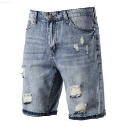 Men's Shorts AIOPESON Cotton Straight Leg Short Jeans Men Casual Solid Colour Hole Blue Denim Shorts Men New Summer Quality Mens Jeans Pants L230719