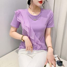 Women's T Shirts 2023 Summer Short Sleeved Fashion O-Neck Solid Colour Ruffles Tops Elegant Slim Blusas Clothes