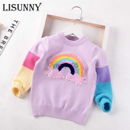 Pullover 2023 Autumn Winter Children Clothing Kids Sweater Girls Sweater Baby Pullover Rainbow Sequins Toddler Clothes Lolita Style 2-7y HKD230719